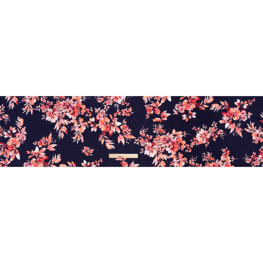 Stretch Polyester Crepe Double Knit - Navy Blue, Pink and Peach Floral - Designer Deadstock Stretch Polyester Crepe Double Knit - Navy Blue, Pink and Peach Floral - Designer Deadstock