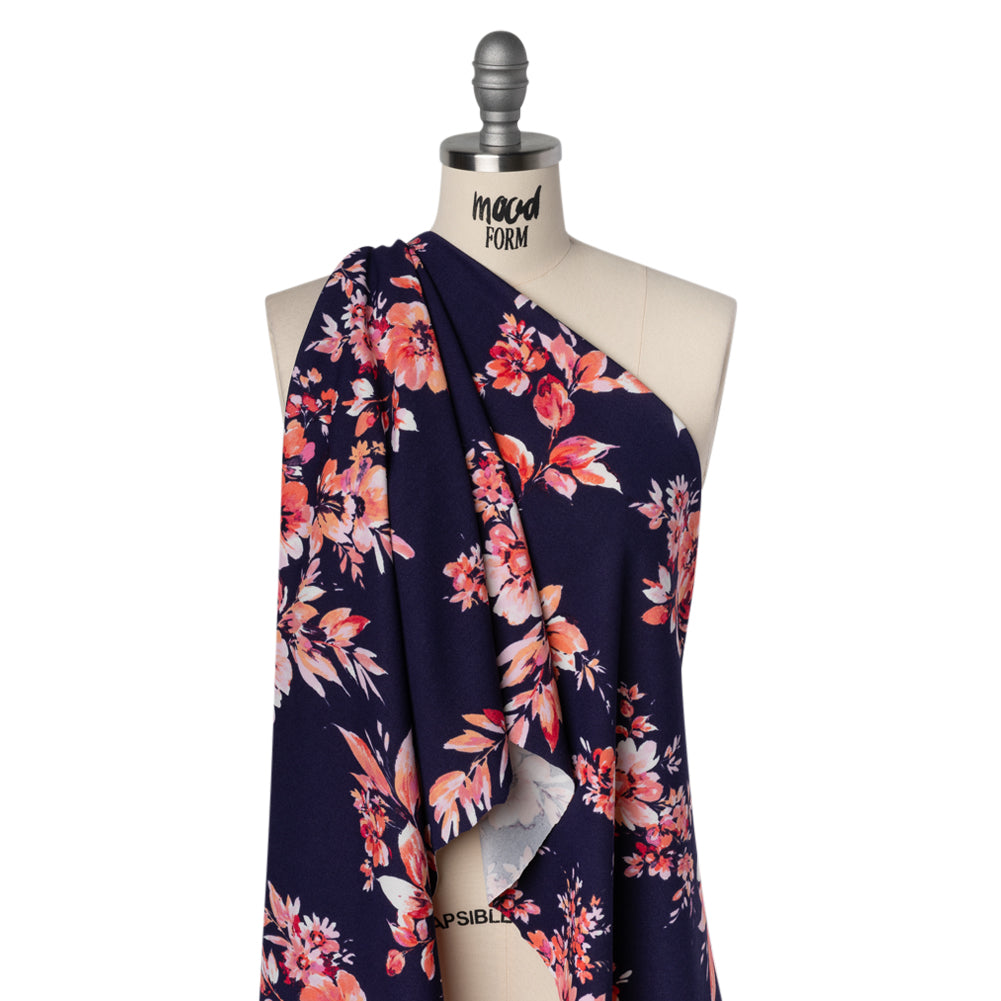 Stretch Polyester Crepe Double Knit - Navy Blue, Pink and Peach Floral - Designer Deadstock Stretch Polyester Crepe Double Knit - Navy Blue, Pink and Peach Floral - Designer Deadstock