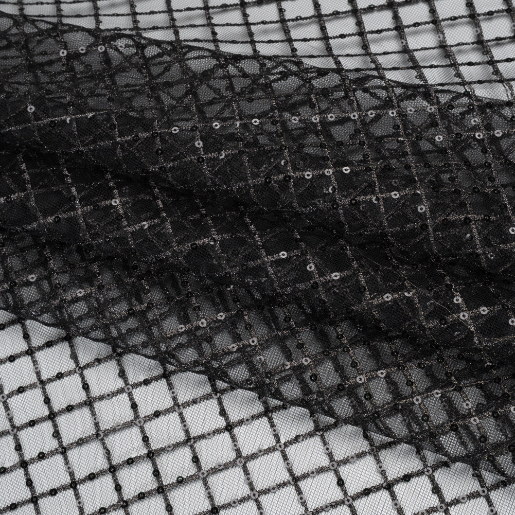 Embroidered Lace Tulle with Baby Sequins - Black and Gunmetal Grid - Designer Deadstock Embroidered Lace Tulle with Baby Sequins - Black and Gunmetal Grid - Designer Deadstock
