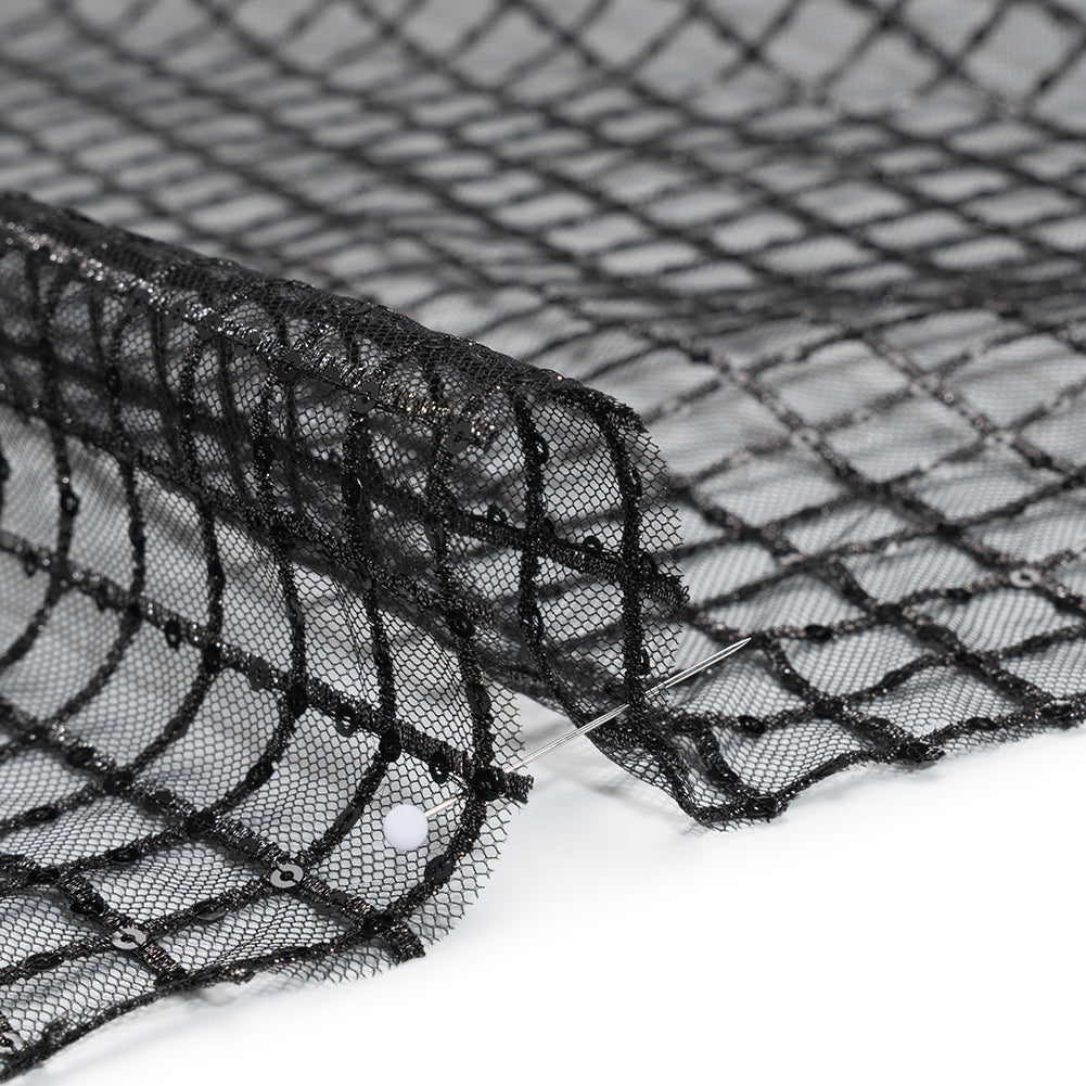 Embroidered Lace Tulle with Baby Sequins - Black and Gunmetal Grid - Designer Deadstock Embroidered Lace Tulle with Baby Sequins - Black and Gunmetal Grid - Designer Deadstock