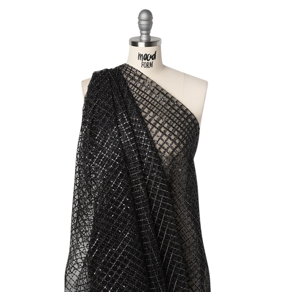 Embroidered Lace Tulle with Baby Sequins - Black and Gunmetal Grid - Designer Deadstock Embroidered Lace Tulle with Baby Sequins - Black and Gunmetal Grid - Designer Deadstock