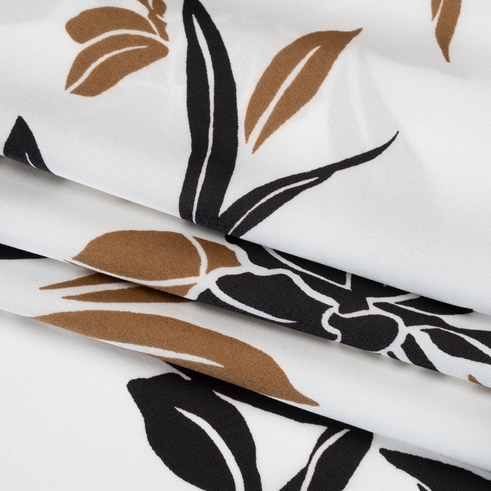 Stretch Polyester Charmeuse Print - White, Black and Brown Daffodils - Designer Deadstock Stretch Polyester Charmeuse Print - White, Black and Brown Daffodils - Designer Deadstock