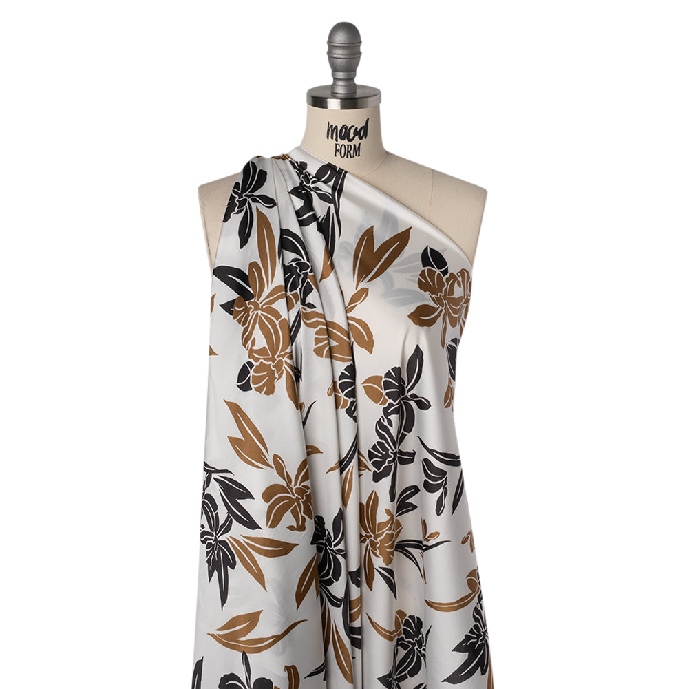 Stretch Polyester Charmeuse Print - White, Black and Brown Daffodils - Designer Deadstock Stretch Polyester Charmeuse Print - White, Black and Brown Daffodils - Designer Deadstock