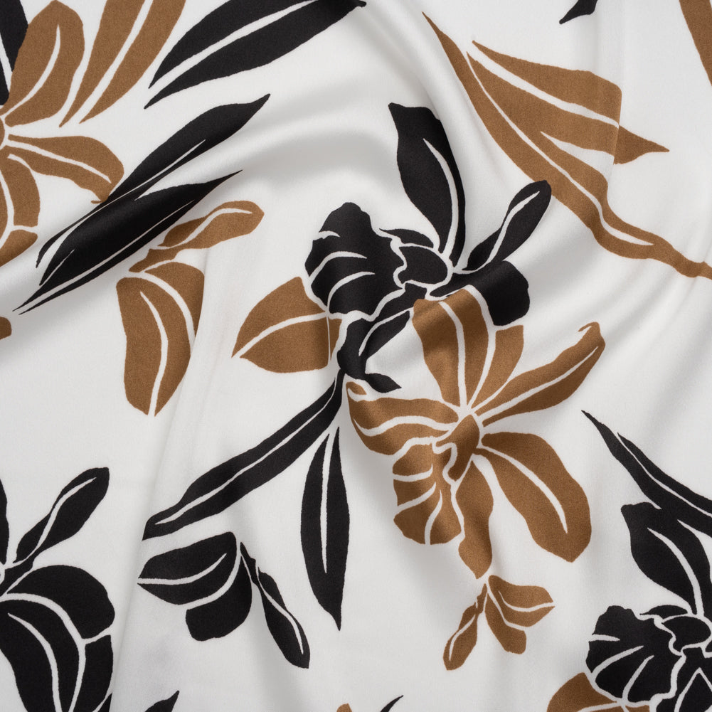 Stretch Polyester Charmeuse Print - White, Black and Brown Daffodils - Designer Deadstock Stretch Polyester Charmeuse Print - White, Black and Brown Daffodils - Designer Deadstock