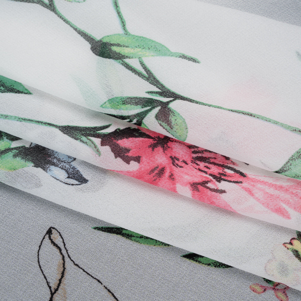 Polyester Chiffon Print - White, Green and Pink Delicate Florals - Designer Deadstock Polyester Chiffon Print - White, Green and Pink Delicate Florals - Designer Deadstock