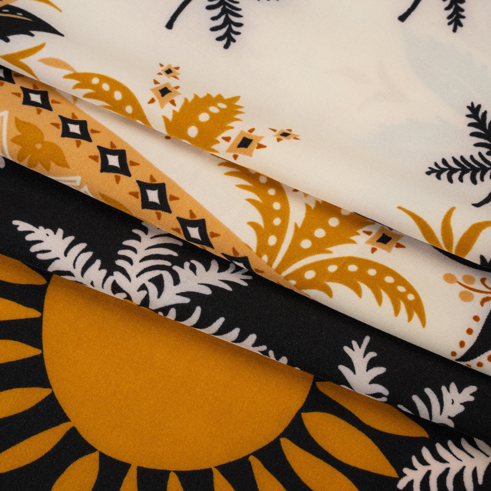 Stretch Polyester Crepe de Chine Print - Cream, Black and Golden Ochre Flowers and Suns Border - Designer Deadstock Stretch Polyester Crepe de Chine Print - Cream, Black and Golden Ochre Flowers and Suns Border - Designer Deadstock