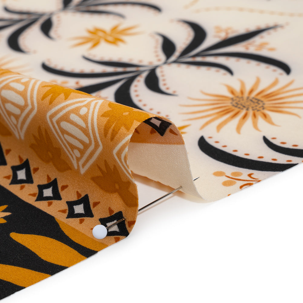 Stretch Polyester Crepe de Chine Print - Cream, Black and Golden Ochre Flowers and Suns Border - Designer Deadstock Stretch Polyester Crepe de Chine Print - Cream, Black and Golden Ochre Flowers and Suns Border - Designer Deadstock