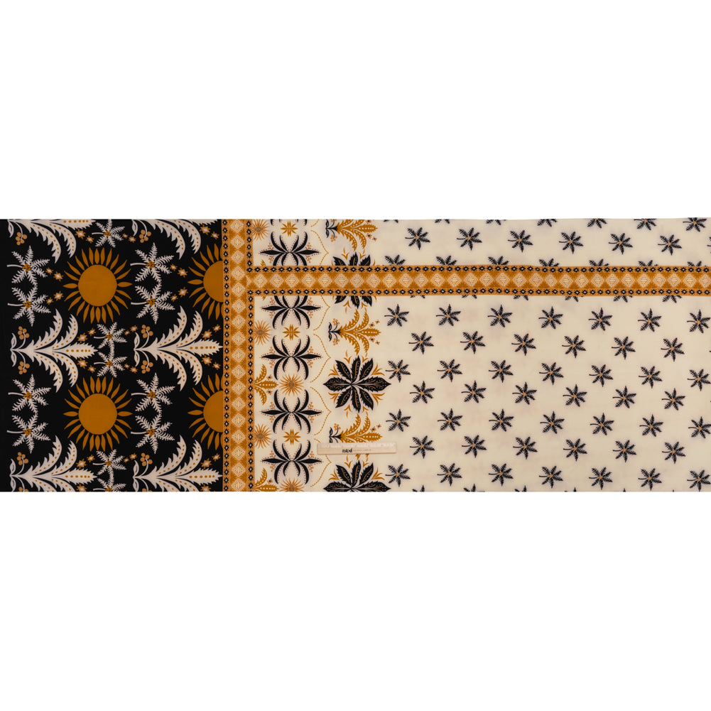 Stretch Polyester Crepe de Chine Print - Cream, Black and Golden Ochre Flowers and Suns Border - Designer Deadstock Stretch Polyester Crepe de Chine Print - Cream, Black and Golden Ochre Flowers and Suns Border - Designer Deadstock