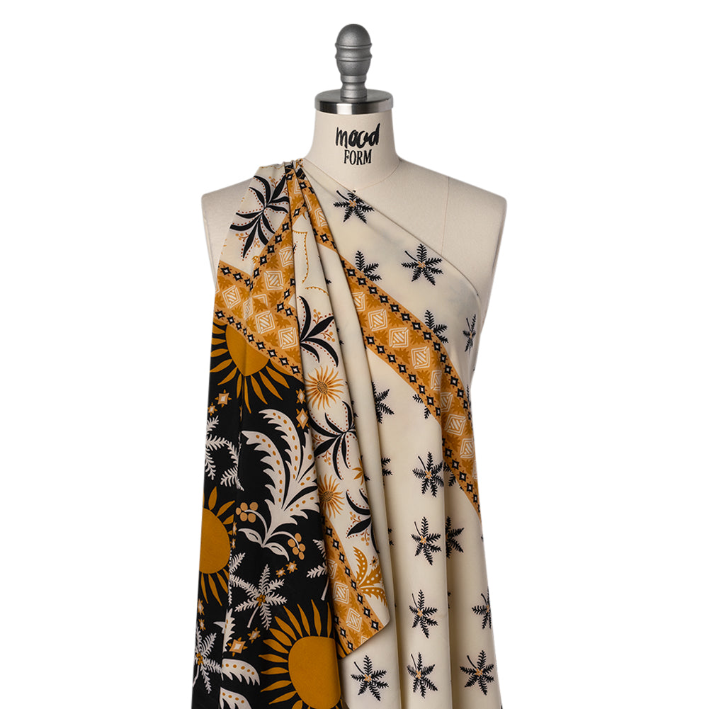 Stretch Polyester Crepe de Chine Print - Cream, Black and Golden Ochre Flowers and Suns Border - Designer Deadstock Stretch Polyester Crepe de Chine Print - Cream, Black and Golden Ochre Flowers and Suns Border - Designer Deadstock