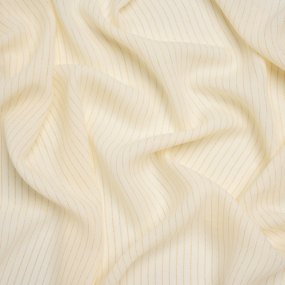 Crepe-Like Polyester Woven with Metallic Gold Pinstripes - Antique White - Designer Deadstock Crepe-Like Polyester Woven with Metallic Gold Pinstripes - Antique White - Designer Deadstock