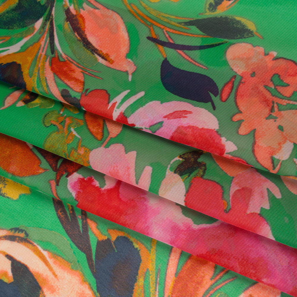 Polyester Chiffon Print - Kelly Green, Orange and Pink Watercolor Florals - Designer Deadstock Polyester Chiffon Print - Kelly Green, Orange and Pink Watercolor Florals - Designer Deadstock