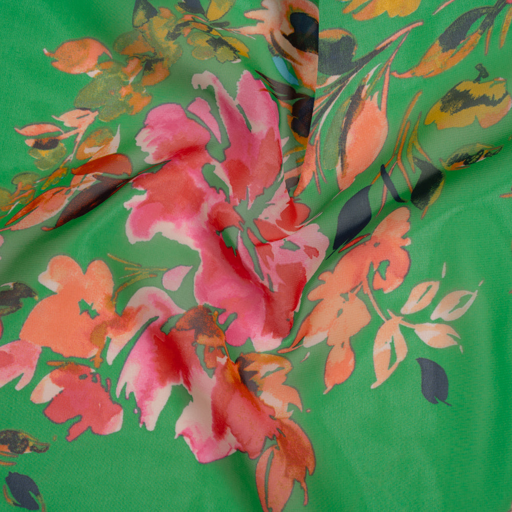 Polyester Chiffon Print - Kelly Green, Orange and Pink Watercolor Florals - Designer Deadstock Polyester Chiffon Print - Kelly Green, Orange and Pink Watercolor Florals - Designer Deadstock