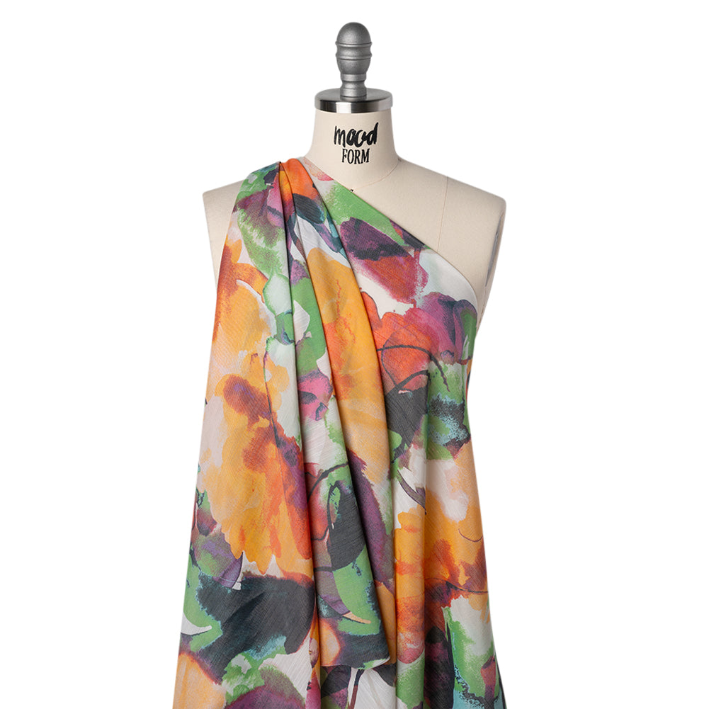 Textured Gauzy Rayon and Polyester Woven Print - Orange, Plum Purple and Grass Green Watercolor Florals - Designer Deadstock Textured Gauzy Rayon and Polyester Woven Print - Orange, Plum Purple and Grass Green Watercolor Florals - Designer Deadstock