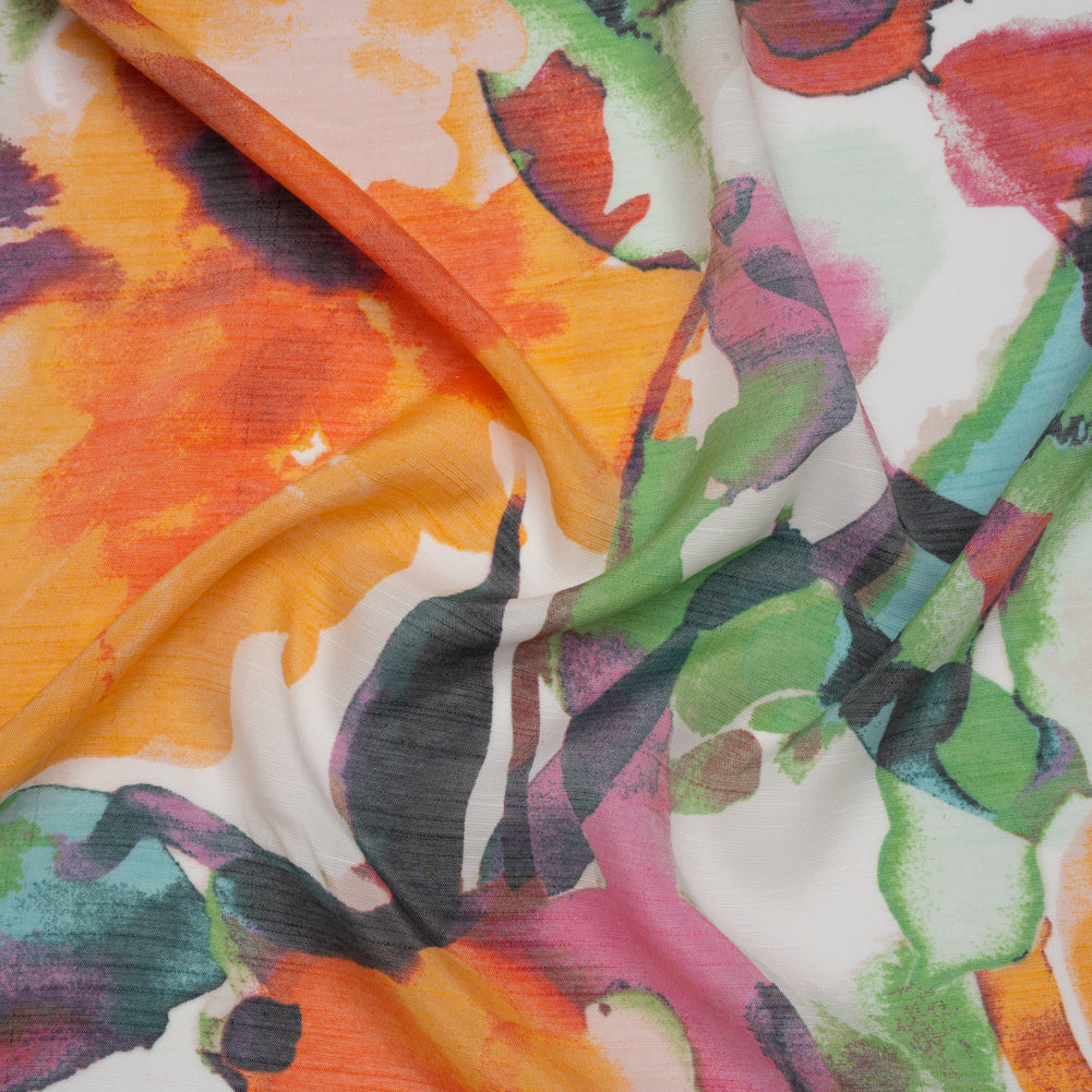 Textured Gauzy Rayon and Polyester Woven Print - Orange, Plum Purple and Grass Green Watercolor Florals - Designer Deadstock Textured Gauzy Rayon and Polyester Woven Print - Orange, Plum Purple and Grass Green Watercolor Florals - Designer Deadstock