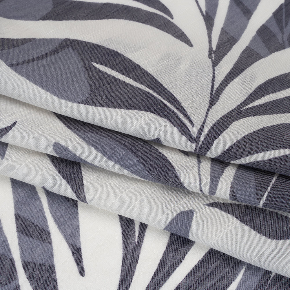 Slubbed Drapey Polyester and Rayon Woven Print - Cream and Cool Gray Palm Leaves - Designer Deadstock Slubbed Drapey Polyester and Rayon Woven Print - Cream and Cool Gray Palm Leaves - Designer Deadstock