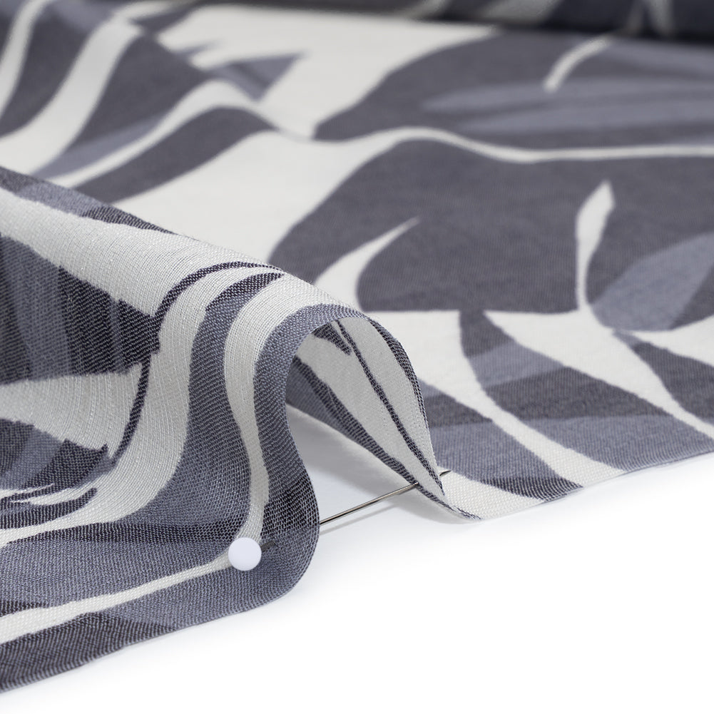 Slubbed Drapey Polyester and Rayon Woven Print - Cream and Cool Gray Palm Leaves - Designer Deadstock Slubbed Drapey Polyester and Rayon Woven Print - Cream and Cool Gray Palm Leaves - Designer Deadstock