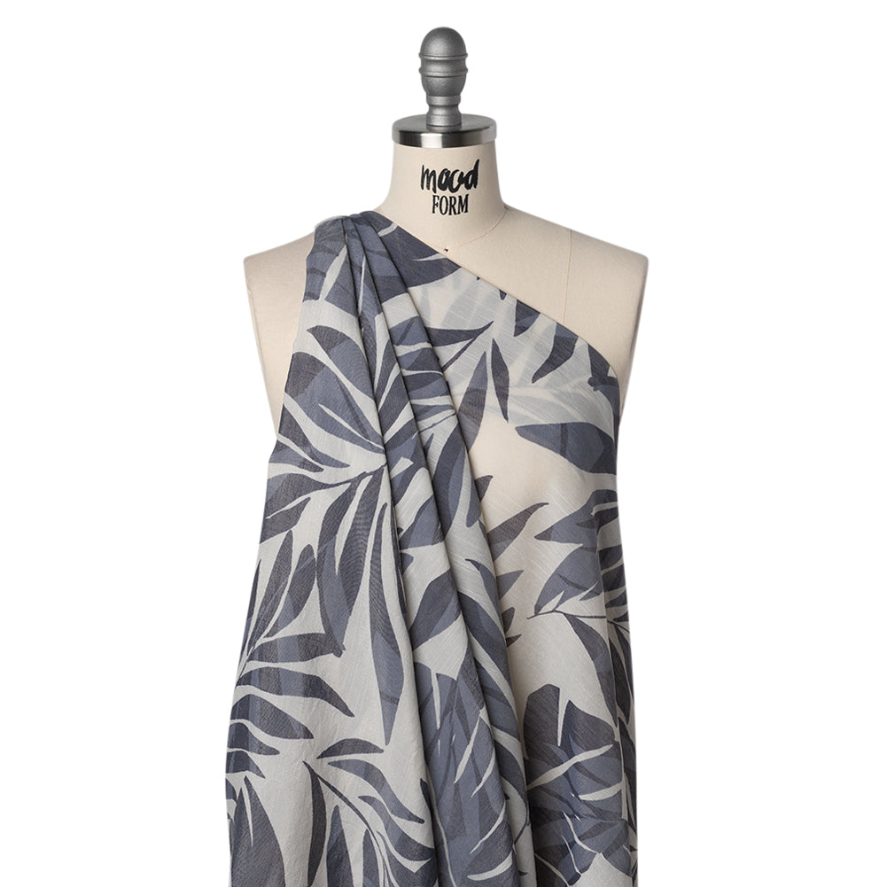 Slubbed Drapey Polyester and Rayon Woven Print - Cream and Cool Gray Palm Leaves - Designer Deadstock Slubbed Drapey Polyester and Rayon Woven Print - Cream and Cool Gray Palm Leaves - Designer Deadstock