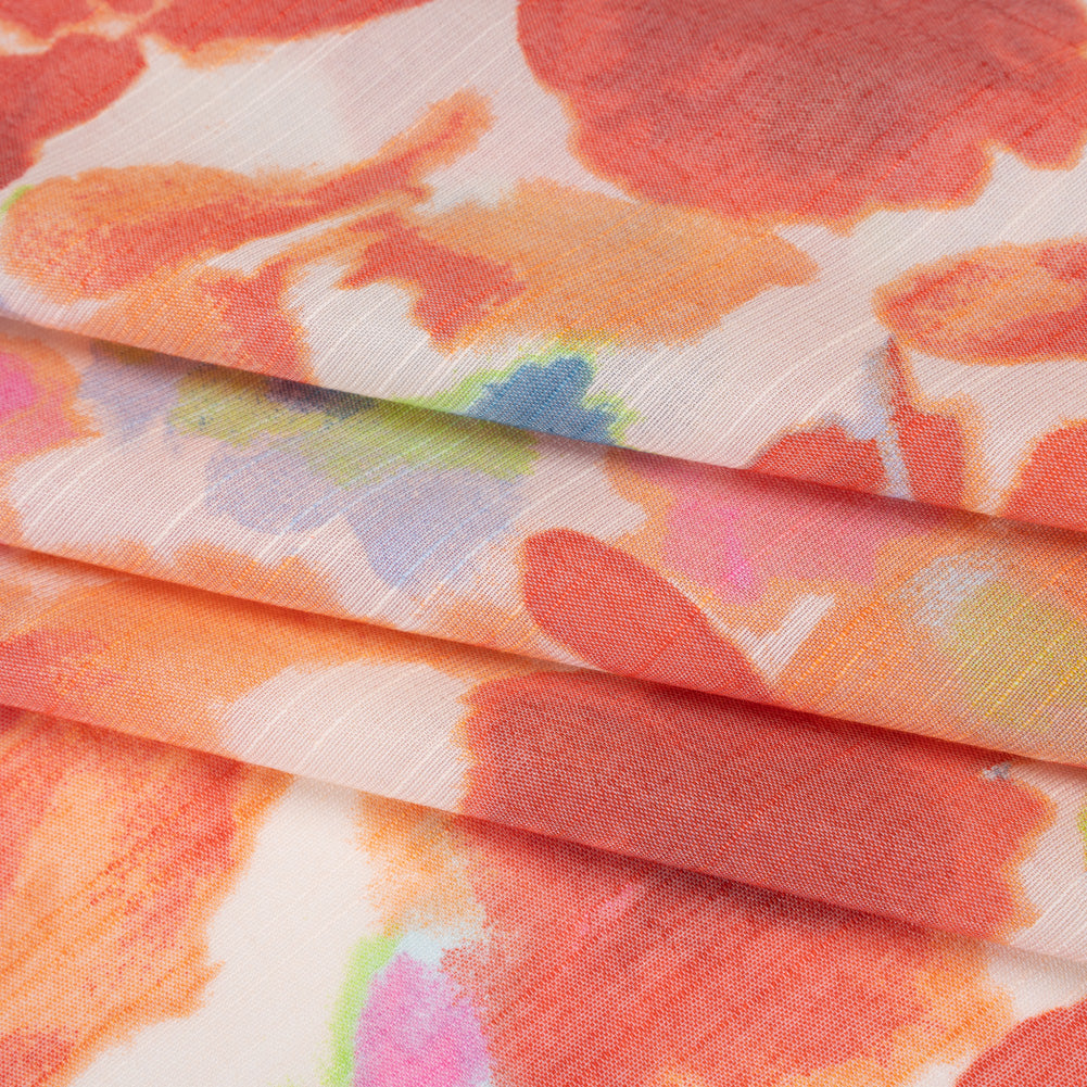 Textured Gauzy Rayon and Polyester Woven Print - Coral, Creamsicle and Lime Painterly Floral - Designer Deadstock Textured Gauzy Rayon and Polyester Woven Print - Coral, Creamsicle and Lime Painterly Floral - Designer Deadstock