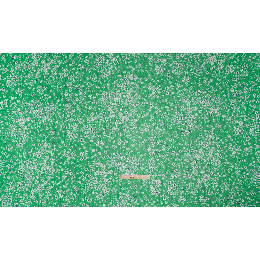 Crinkled Polyester Chiffon Print - Kelly Green, White and Navy Floral - Designer Deadstock Crinkled Polyester Chiffon Print - Kelly Green, White and Navy Floral - Designer Deadstock