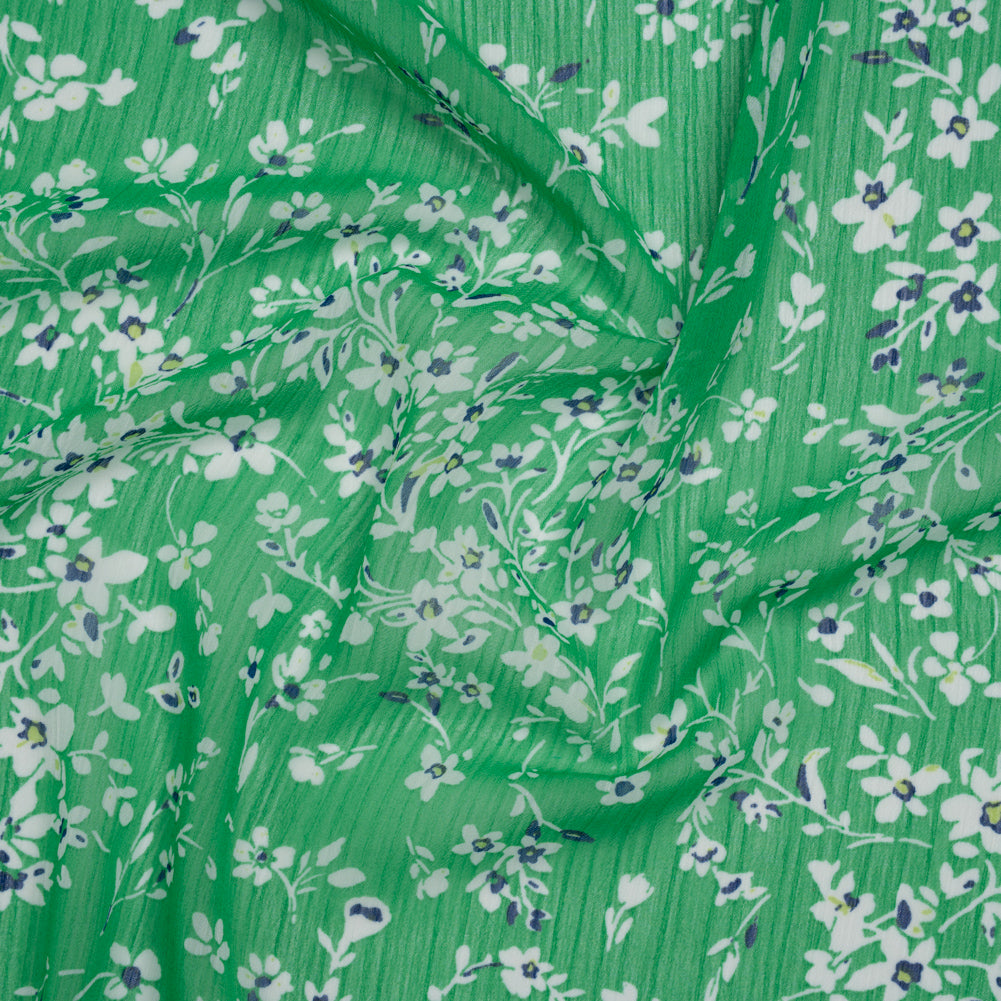 Crinkled Polyester Chiffon Print - Kelly Green, White and Navy Floral - Designer Deadstock Crinkled Polyester Chiffon Print - Kelly Green, White and Navy Floral - Designer Deadstock