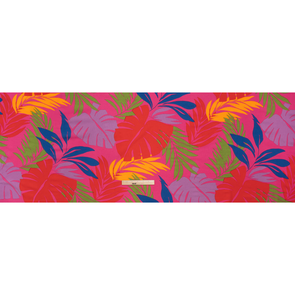 Puckered Lightweight Stretch Polyester Crepe - Hot Pink, Fire Red and Cobalt Blue Palm Leaves - Designer Deadstock Puckered Lightweight Stretch Polyester Crepe - Hot Pink, Fire Red and Cobalt Blue Palm Leaves - Designer Deadstock