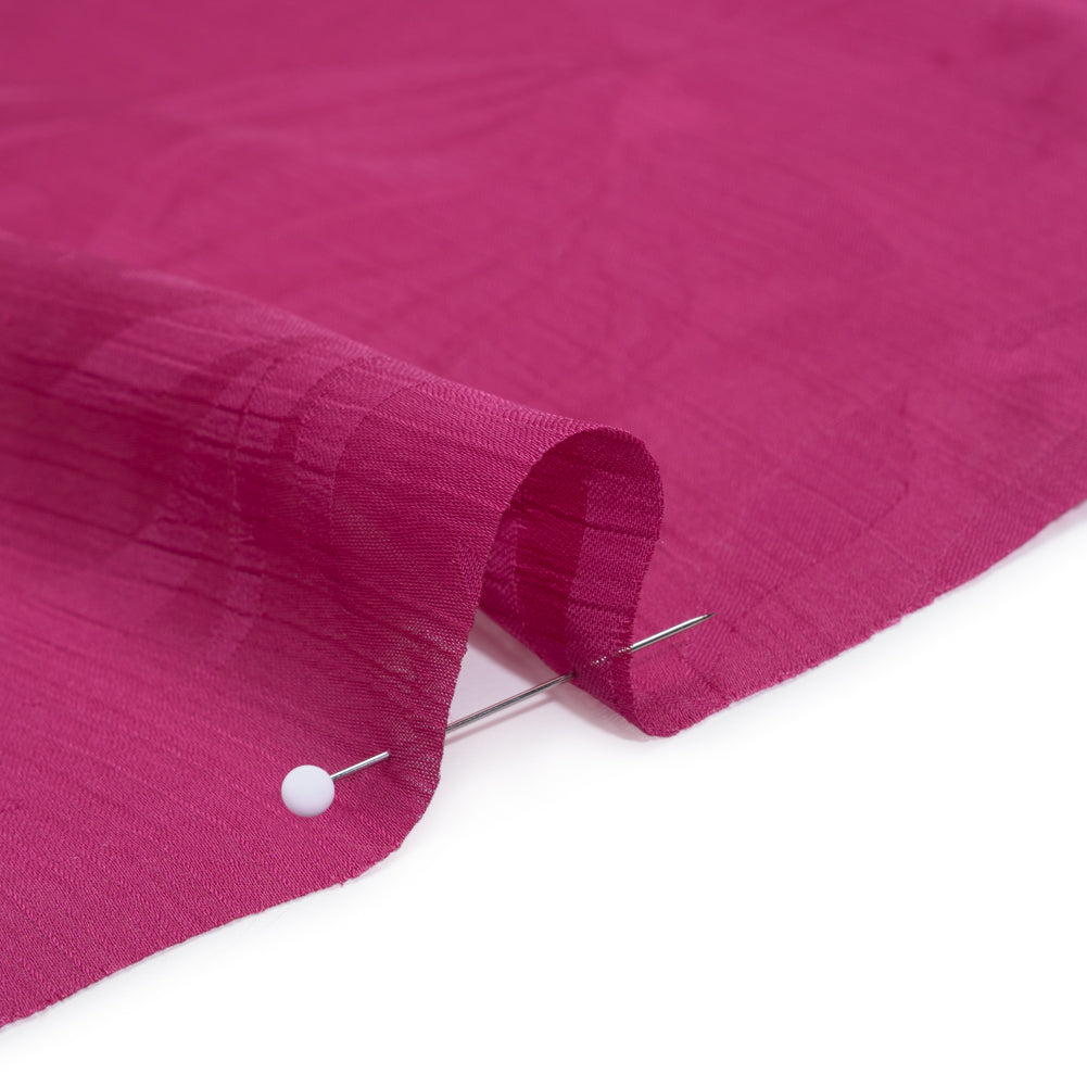 Crinkled Polyester Satin-Face Chiffon Jacquard - Fuchsia Palm Leaves - Designer Deadstock Detail Crinkled Polyester Satin-Face Chiffon Jacquard - Fuchsia Palm Leaves - Designer Deadstock Detail