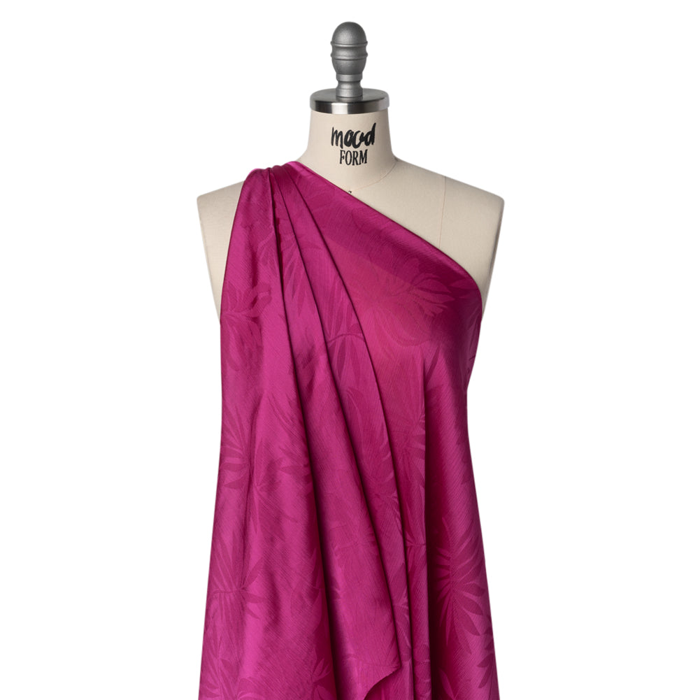 Crinkled Polyester Satin-Face Chiffon Jacquard - Fuchsia Palm Leaves - Designer Deadstock Drape Crinkled Polyester Satin-Face Chiffon Jacquard - Fuchsia Palm Leaves - Designer Deadstock Drape
