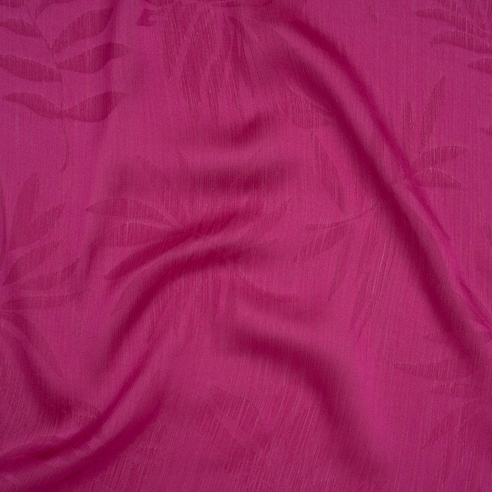 Crinkled Polyester Satin-Face Chiffon Jacquard - Fuchsia Palm Leaves - Designer Deadstock Crinkled Polyester Satin-Face Chiffon Jacquard - Fuchsia Palm Leaves - Designer Deadstock