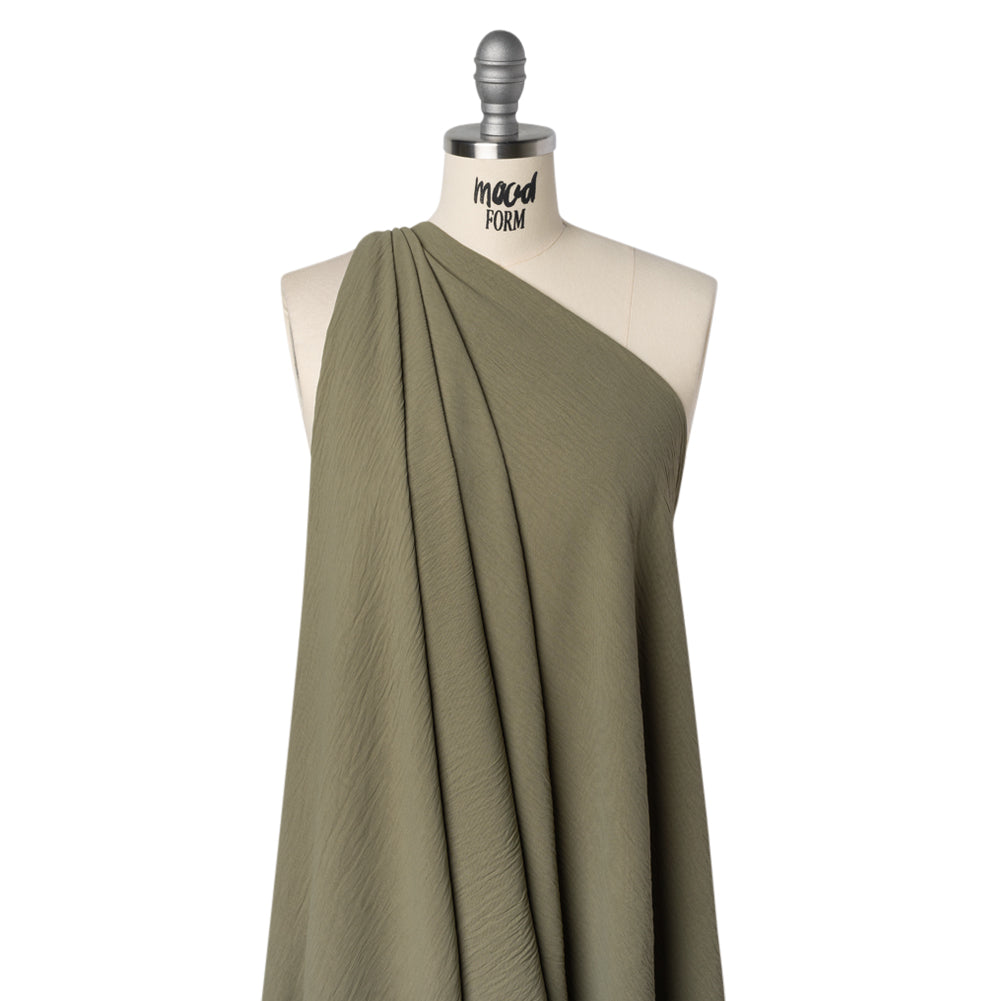 Crinkled Stretch Polyester Woven - Dusty Olive Green - Designer Deadstock Drape Crinkled Stretch Polyester Woven - Dusty Olive Green - Designer Deadstock Drape