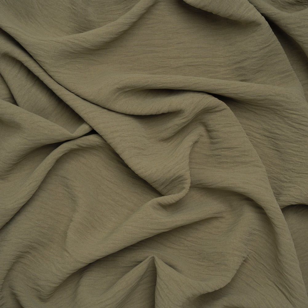 Crinkled Stretch Polyester Woven - Dusty Olive Green - Designer Deadstock Crinkled Stretch Polyester Woven - Dusty Olive Green - Designer Deadstock