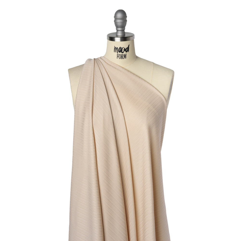 Stretch Polyester Barcode Rib Knit - Oatmeal - Designer Deadstock Drape Stretch Polyester Barcode Rib Knit - Oatmeal - Designer Deadstock Drape