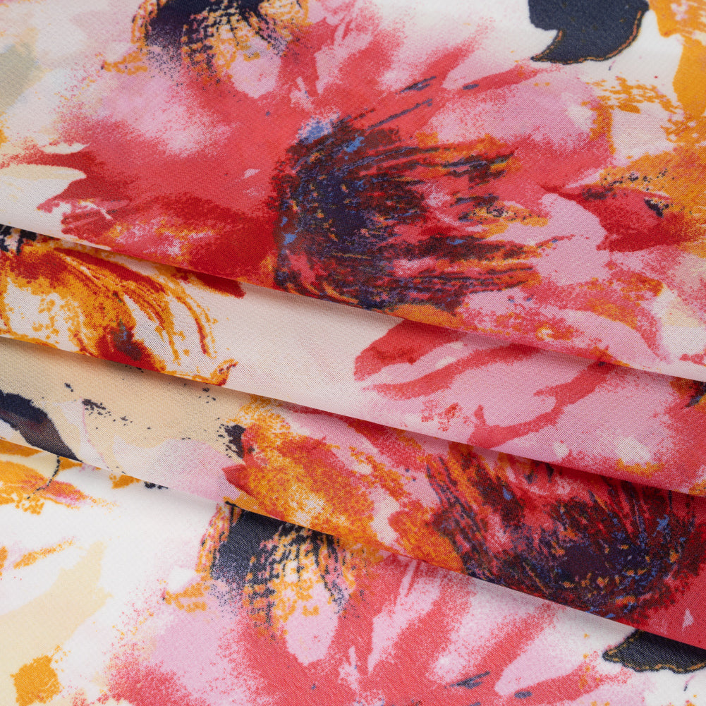Polyester Chiffon Print - Goldenrod, Pink and Navy Painterly Florals - Designer Deadstock Folded Polyester Chiffon Print - Goldenrod, Pink and Navy Painterly Florals - Designer Deadstock Folded