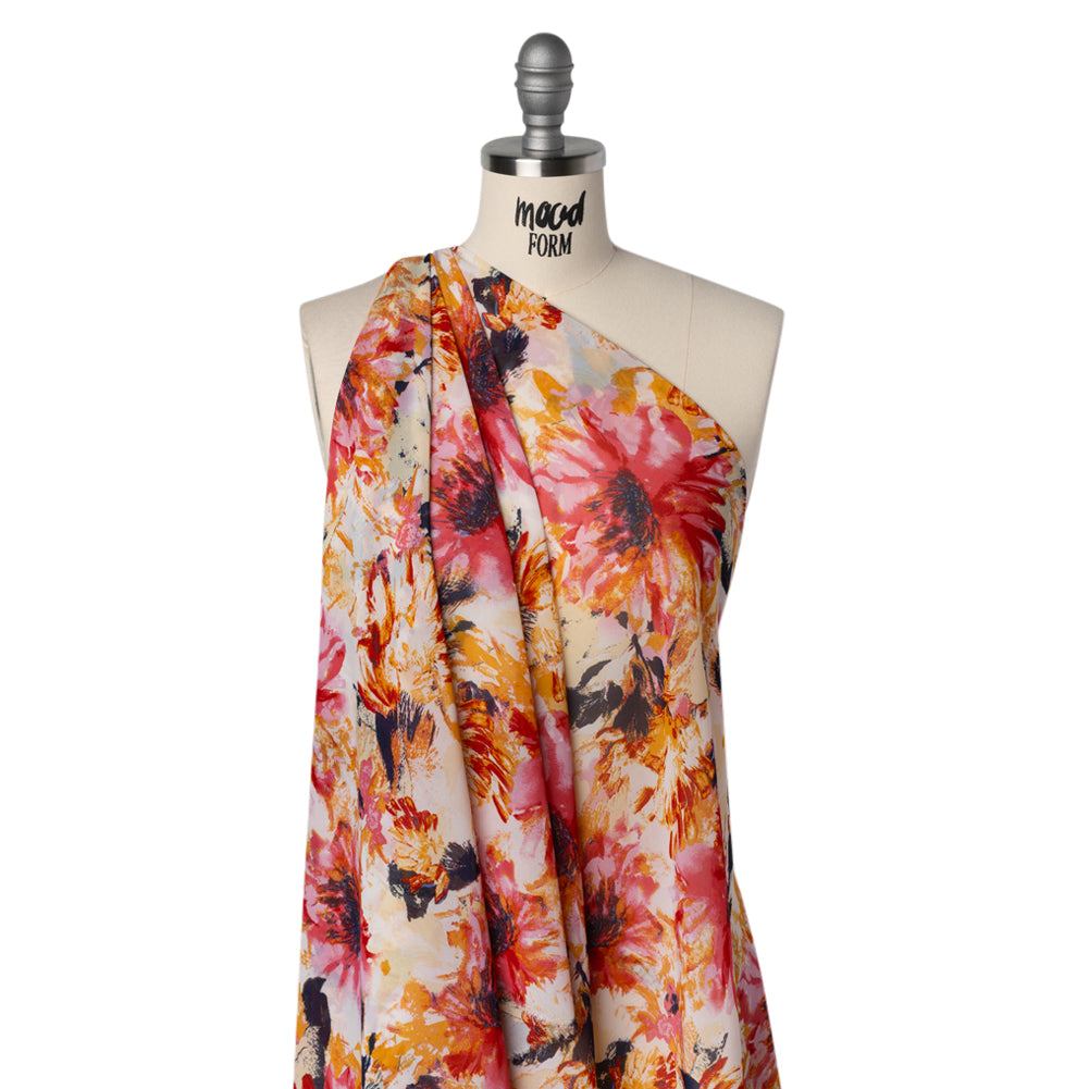 Polyester Chiffon Print - Goldenrod, Pink and Navy Painterly Florals - Designer Deadstock Drape Polyester Chiffon Print - Goldenrod, Pink and Navy Painterly Florals - Designer Deadstock Drape