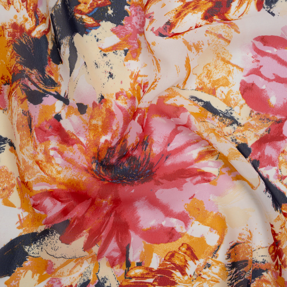 Polyester Chiffon Print - Goldenrod, Pink and Navy Painterly Florals - Designer Deadstock Polyester Chiffon Print - Goldenrod, Pink and Navy Painterly Florals - Designer Deadstock