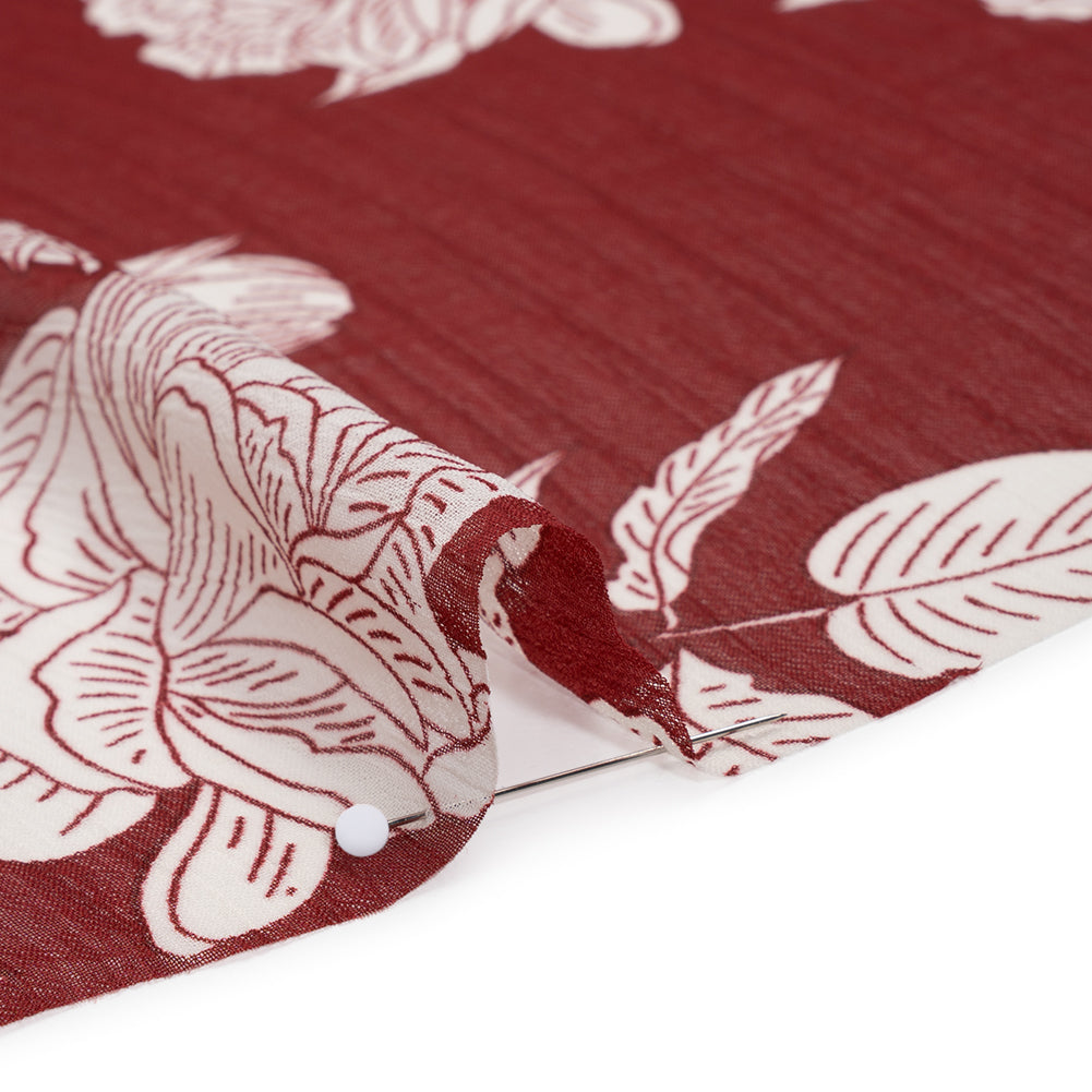 Crinkled Polyester Chiffon Print - Burgundy and White Floral - Designer Deadstock Crinkled Polyester Chiffon Print - Burgundy and White Floral - Designer Deadstock