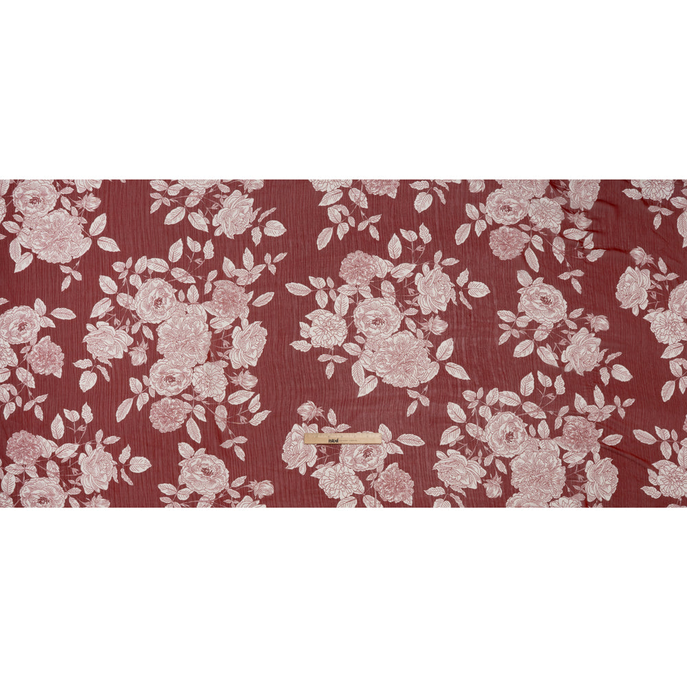 Crinkled Polyester Chiffon Print - Burgundy and White Floral - Designer Deadstock Crinkled Polyester Chiffon Print - Burgundy and White Floral - Designer Deadstock