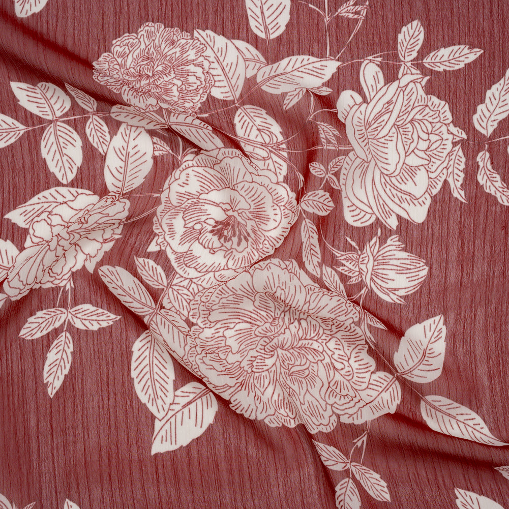 Crinkled Polyester Chiffon Print - Burgundy and White Floral - Designer Deadstock Crinkled Polyester Chiffon Print - Burgundy and White Floral - Designer Deadstock