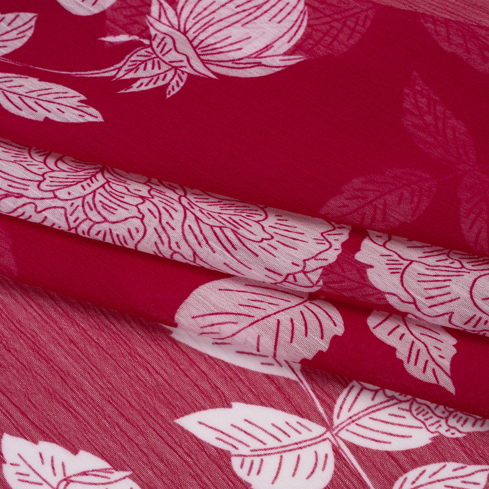 Crinkled Polyester Chiffon Print - Deep Magenta and White Floral - Designer Deadstock Crinkled Polyester Chiffon Print - Deep Magenta and White Floral - Designer Deadstock