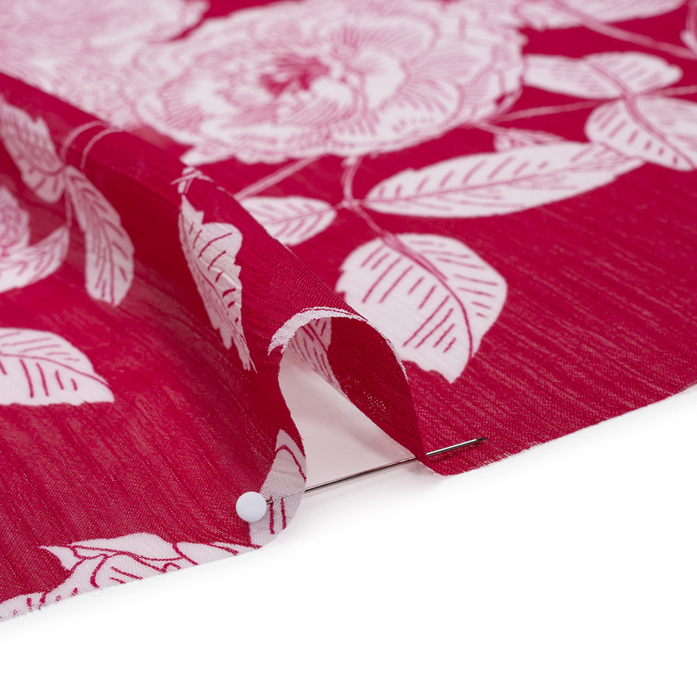 Crinkled Polyester Chiffon Print - Deep Magenta and White Floral - Designer Deadstock Crinkled Polyester Chiffon Print - Deep Magenta and White Floral - Designer Deadstock