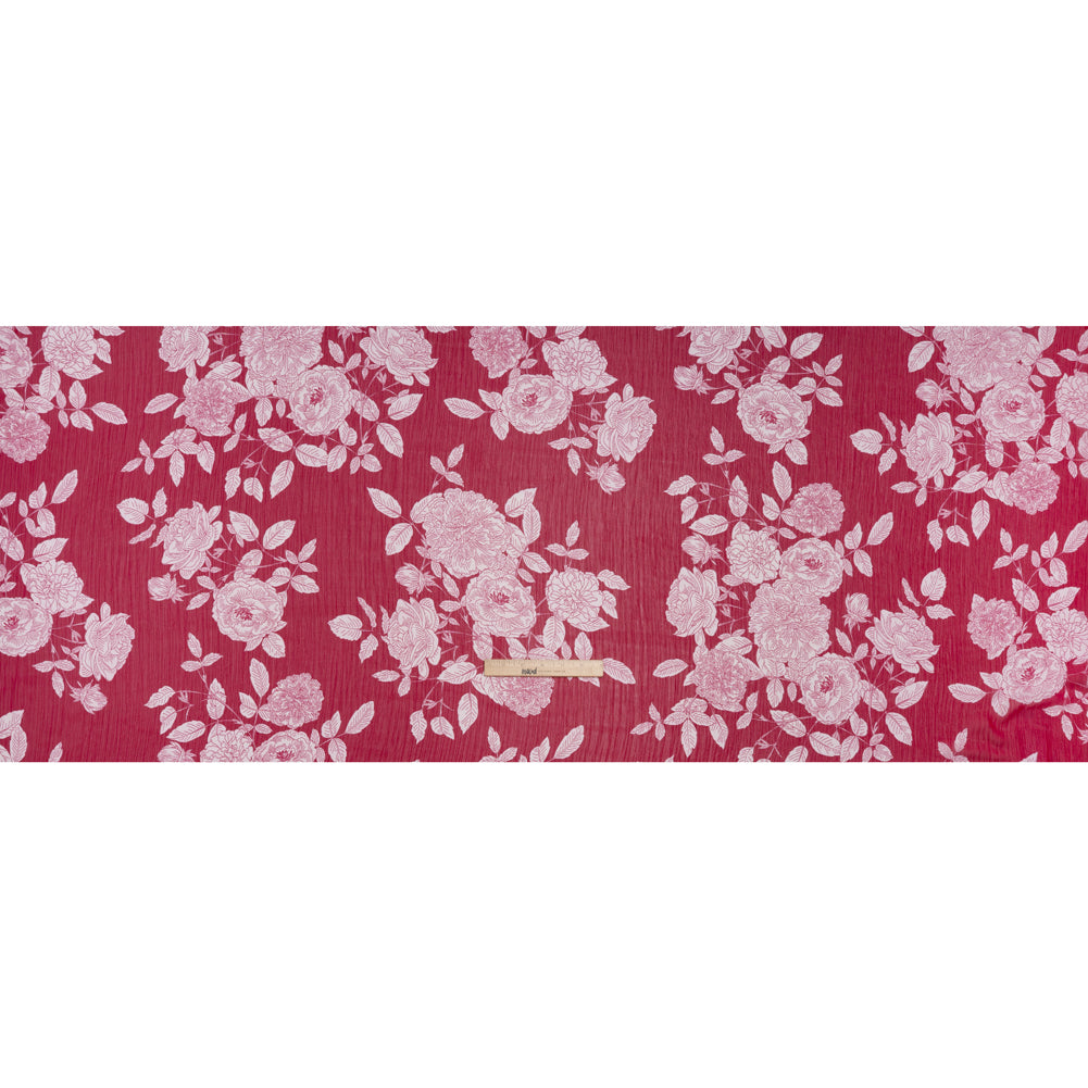 Crinkled Polyester Chiffon Print - Deep Magenta and White Floral - Designer Deadstock Crinkled Polyester Chiffon Print - Deep Magenta and White Floral - Designer Deadstock