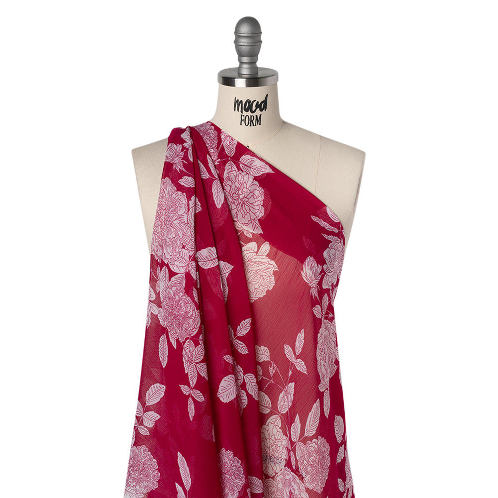Crinkled Polyester Chiffon Print - Deep Magenta and White Floral - Designer Deadstock Crinkled Polyester Chiffon Print - Deep Magenta and White Floral - Designer Deadstock