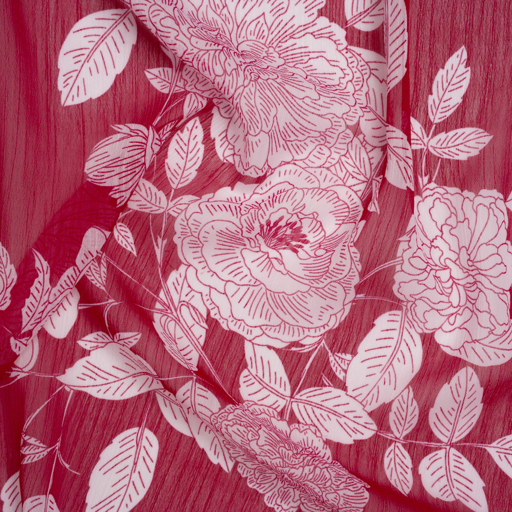 Crinkled Polyester Chiffon Print - Deep Magenta and White Floral - Designer Deadstock Crinkled Polyester Chiffon Print - Deep Magenta and White Floral - Designer Deadstock