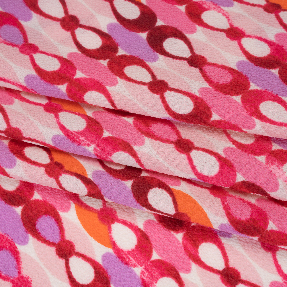 Stretch Puckered Polyester Crepe - Bubblegum Pink, Lavender and Magenta Rows of Bows and Floral Stripe Border - Designer Deadstock Stretch Puckered Polyester Crepe - Bubblegum Pink, Lavender and Magenta Rows of Bows and Floral Stripe Border - Designer Deadstock