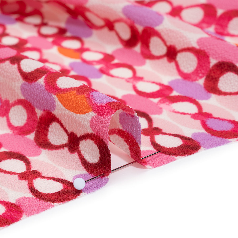 Stretch Puckered Polyester Crepe - Bubblegum Pink, Lavender and Magenta Rows of Bows and Floral Stripe Border - Designer Deadstock Stretch Puckered Polyester Crepe - Bubblegum Pink, Lavender and Magenta Rows of Bows and Floral Stripe Border - Designer Deadstock