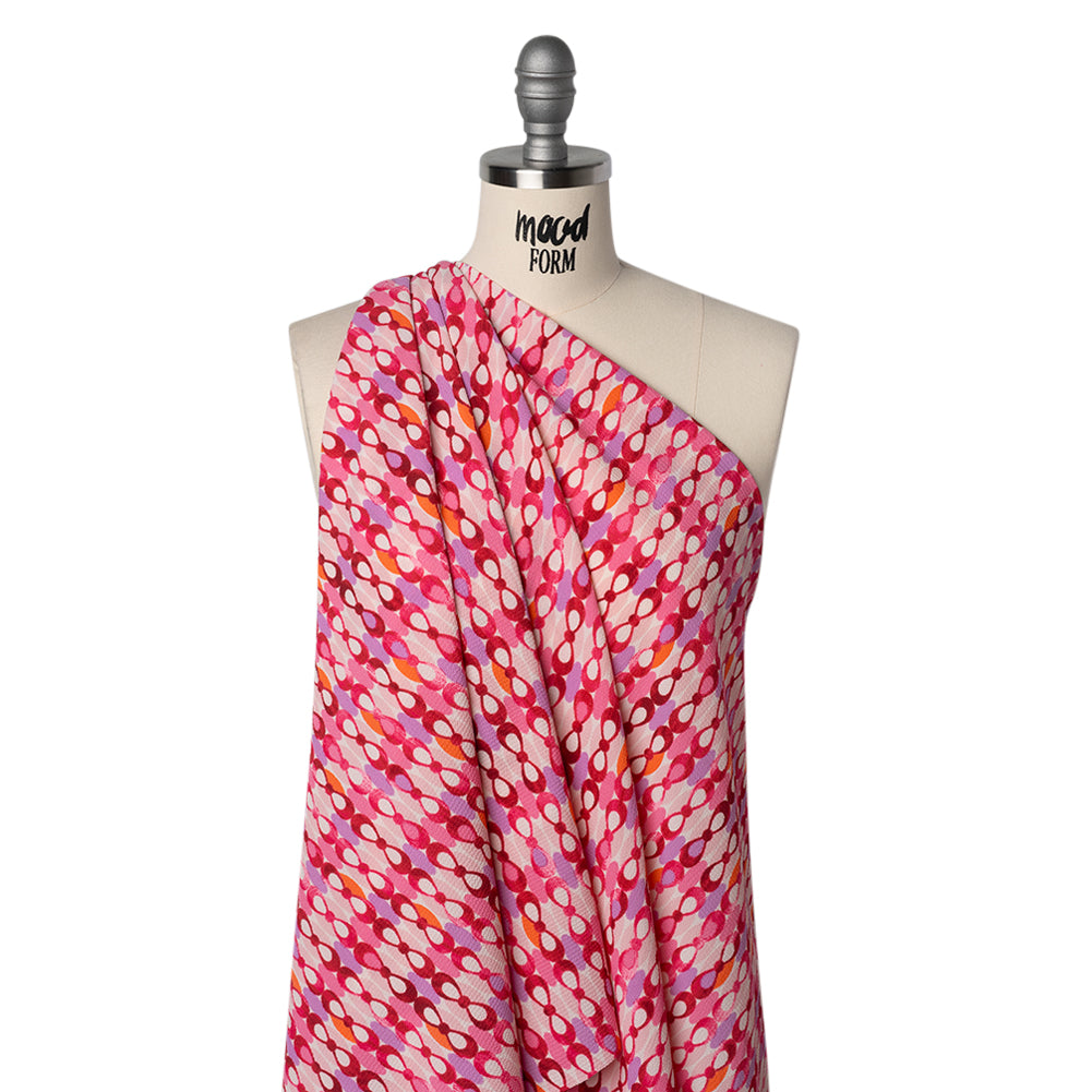 Stretch Puckered Polyester Crepe - Bubblegum Pink, Lavender and Magenta Rows of Bows and Floral Stripe Border - Designer Deadstock Stretch Puckered Polyester Crepe - Bubblegum Pink, Lavender and Magenta Rows of Bows and Floral Stripe Border - Designer Deadstock