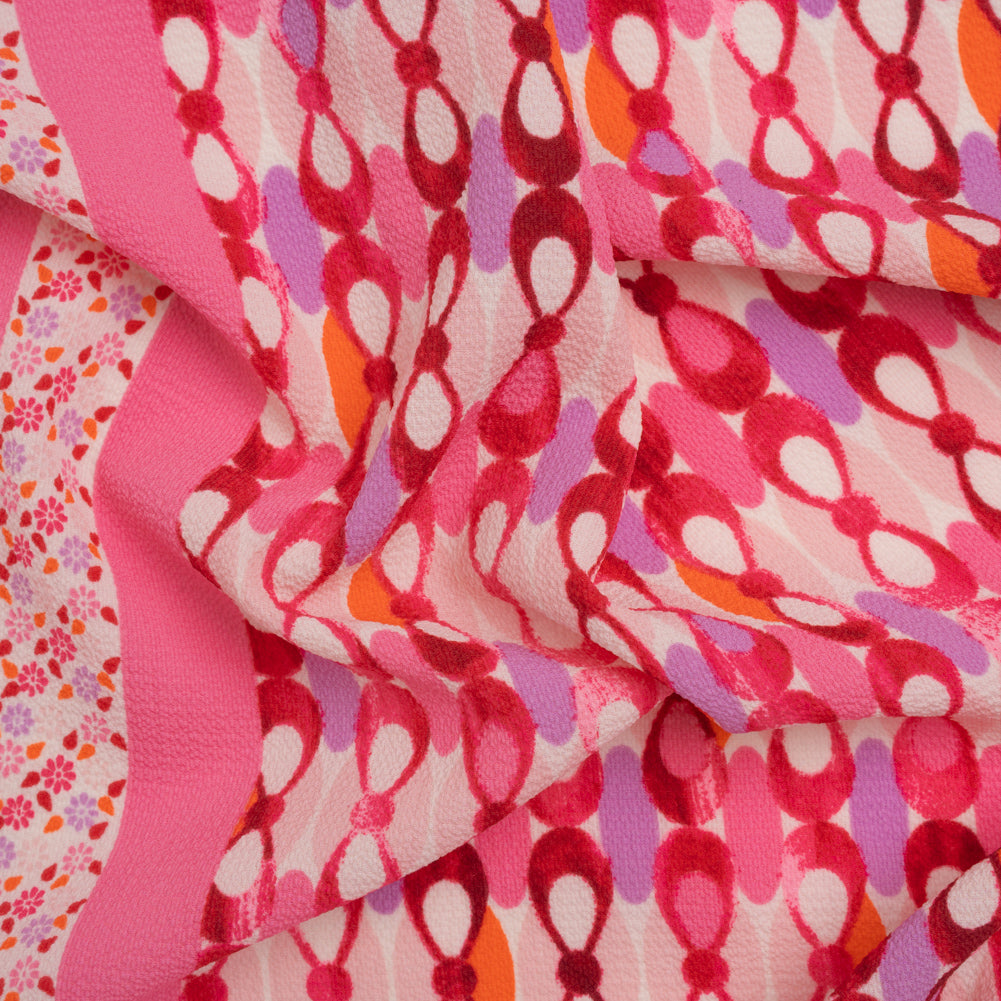 Stretch Puckered Polyester Crepe - Bubblegum Pink, Lavender and Magenta Rows of Bows and Floral Stripe Border - Designer Deadstock Stretch Puckered Polyester Crepe - Bubblegum Pink, Lavender and Magenta Rows of Bows and Floral Stripe Border - Designer Deadstock