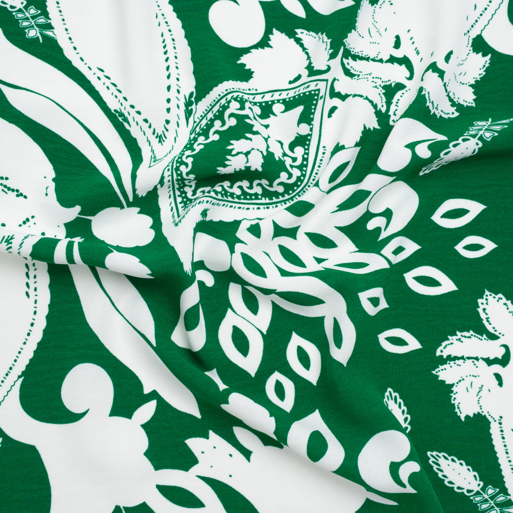 Polyester Woven Print - Emerald Green and White Floral - Designer Deadstock Polyester Woven Print - Emerald Green and White Floral - Designer Deadstock
