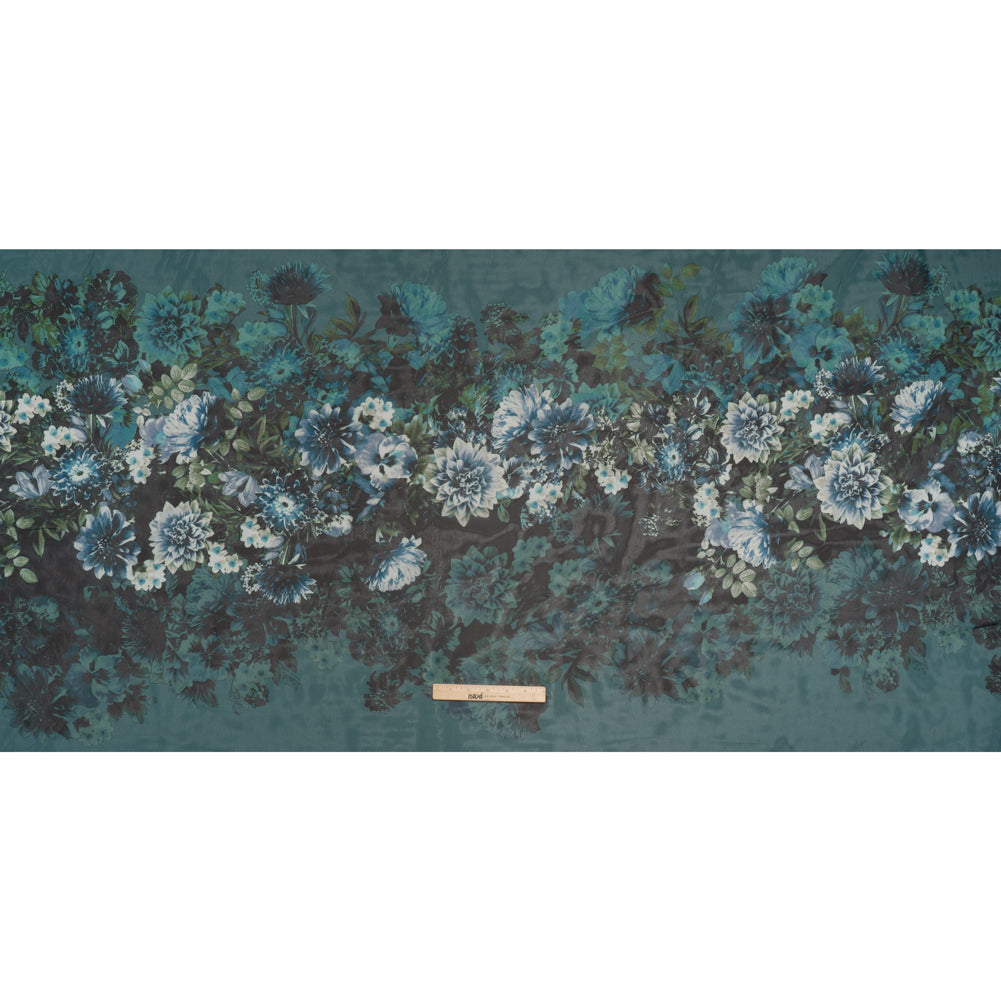 Polyester Chiffon Panel - Dark Green, Blue and White Floral - Designer Deadstock Polyester Chiffon Panel - Dark Green, Blue and White Floral - Designer Deadstock