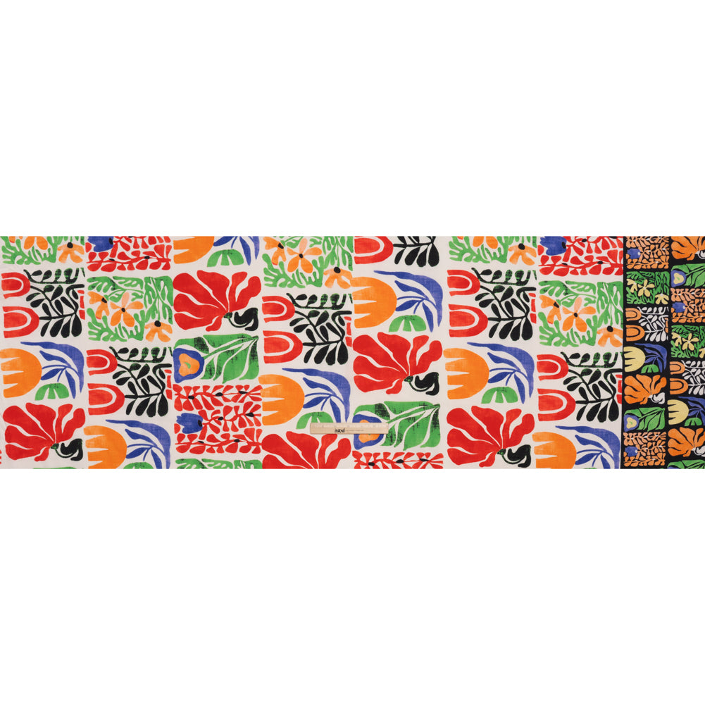 Polyester Shirting Print - Red, Orange and Ultramarine Simple Floral Blocks and Borders - Designer Deadstock Polyester Shirting Print - Red, Orange and Ultramarine Simple Floral Blocks and Borders - Designer Deadstock