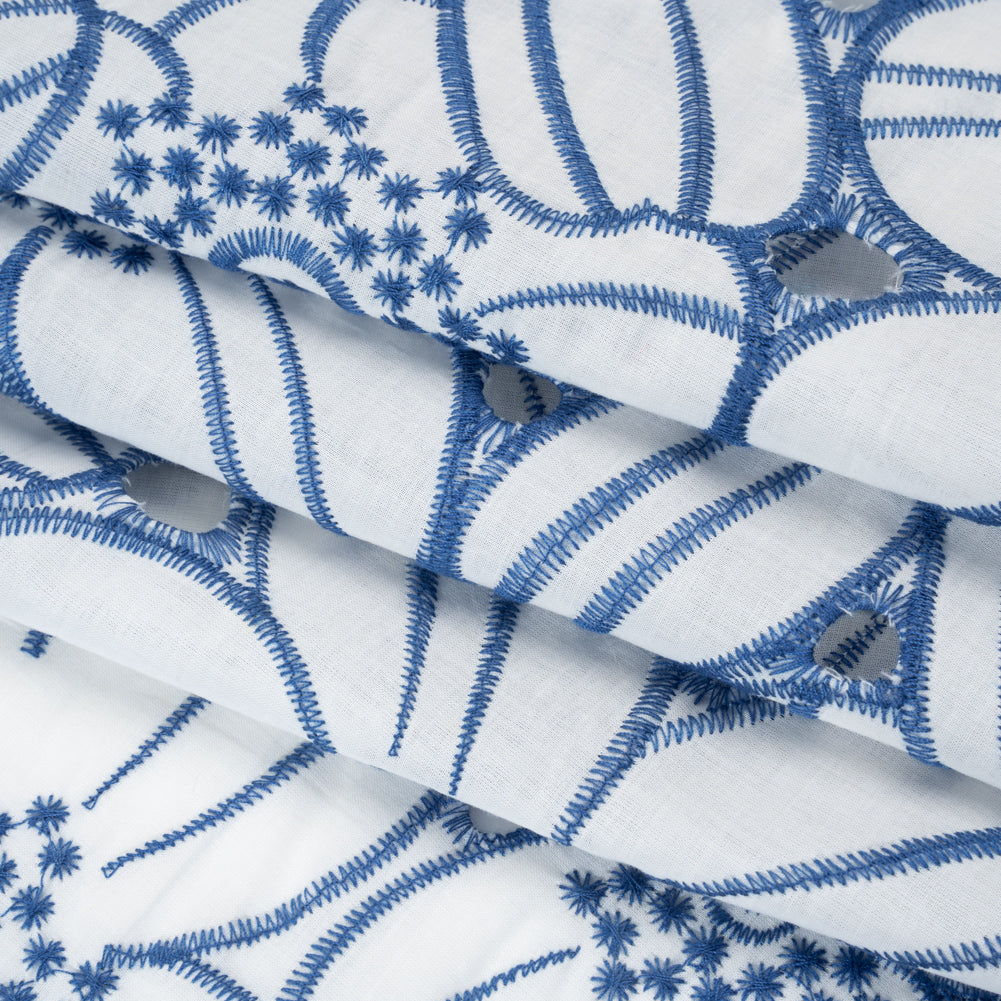 Embroidered Eyelet Cotton Voile with Scalloped Edges - Country Blue and White Florals - Designer Deadstock Embroidered Eyelet Cotton Voile with Scalloped Edges - Country Blue and White Florals - Designer Deadstock
